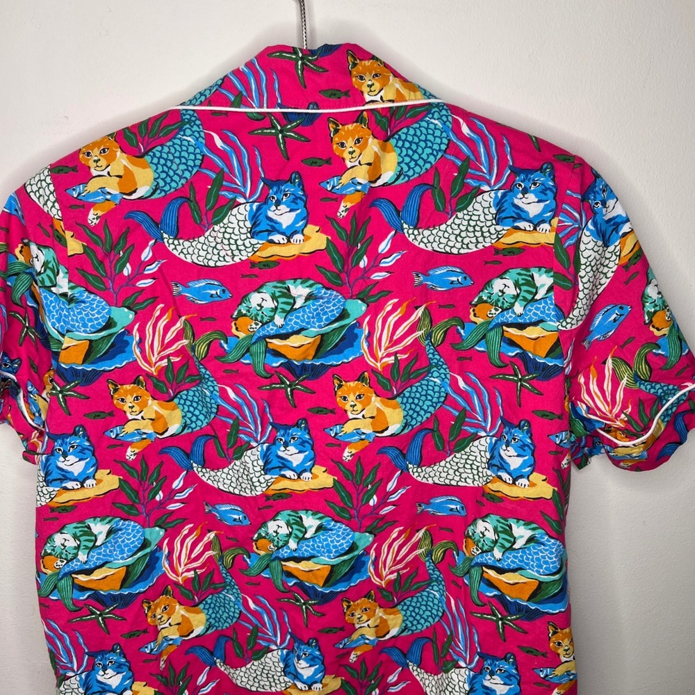 Printfresh Meowing Mermaids Cats Pink Organic Cotton Pajama Top XS Button Up - Picture 7 of 9